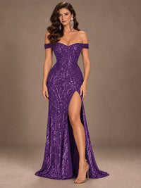 Off the Shoulder Corset Sequin Mermaid Prom Dress with Slit