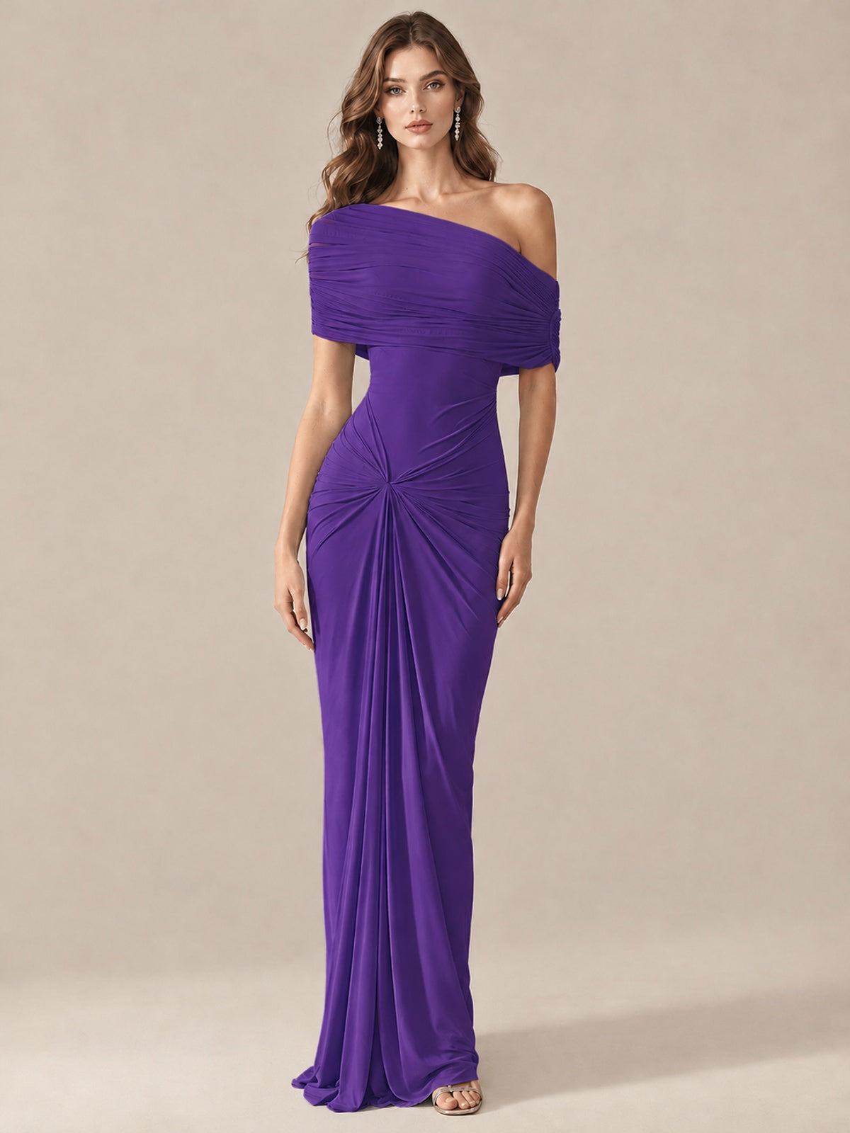 Elegant Draped Off Shoulder Ruched Mermaid Chiffon Formal Evening Gown