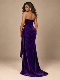Burgundy Velvet Strapless Ruched Prom Dress with Jeweled Side Drape