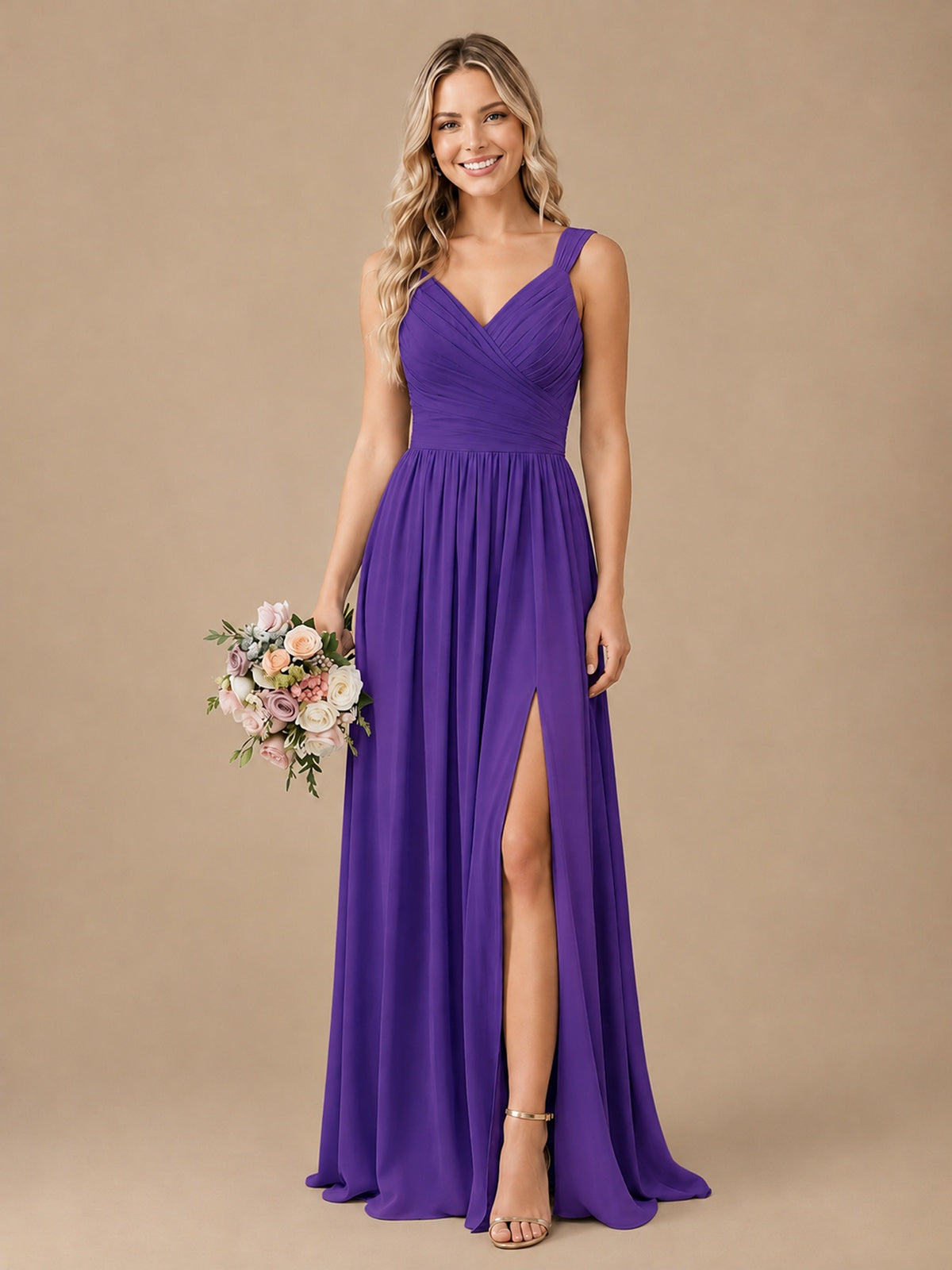 Pleated Chiffon V Neck Wedding Bridesmaid Dresses Floor Length with Slit