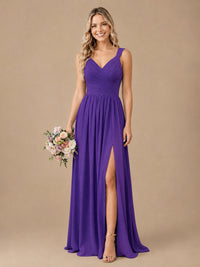 Pleated Chiffon V Neck Wedding Bridesmaid Dresses Floor Length with Slit