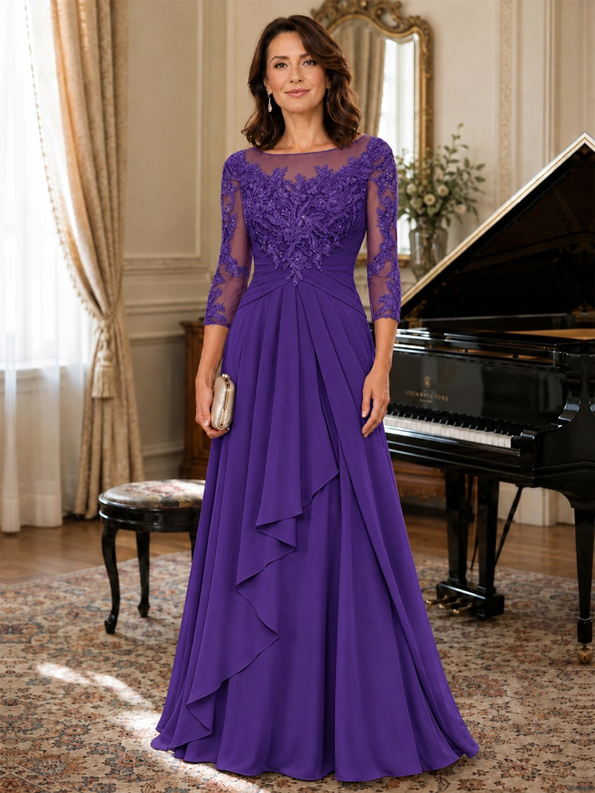 A-Line Chiffon Mother of the Bride Dress with Floral Applique 3/4 Sleeves