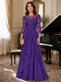 A-Line Chiffon Mother of the Bride Dress with Floral Applique 3/4 Sleeves