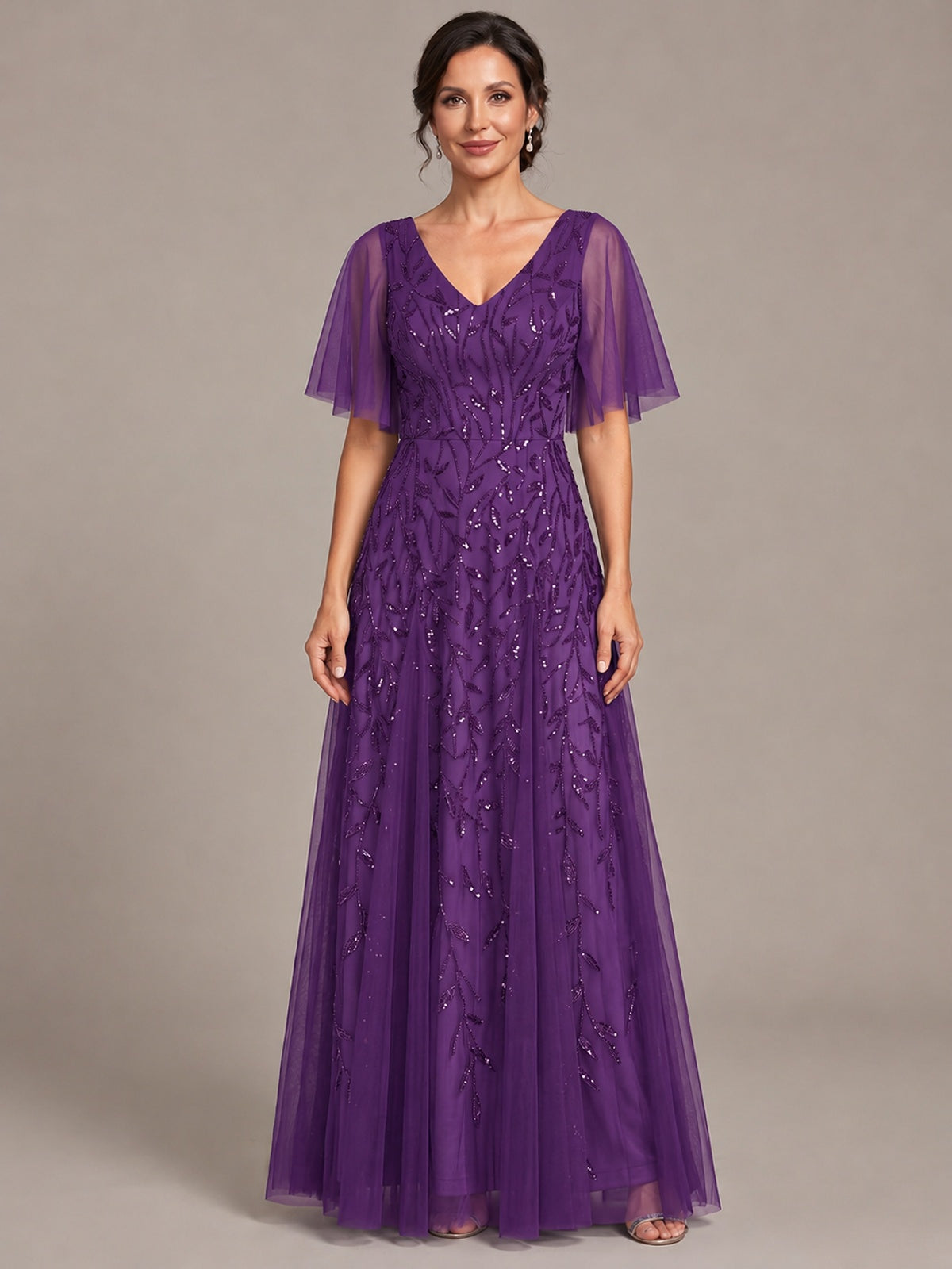 Purple V-Neck Sequin Tulle Mother of the Bride Dress with Flutter Sleeve A-line Evening Formal Wedding Guest Dress