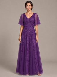 Purple V-Neck Sequin Tulle Mother of the Bride Dress with Flutter Sleeve A-line Evening Formal Wedding Guest Dress