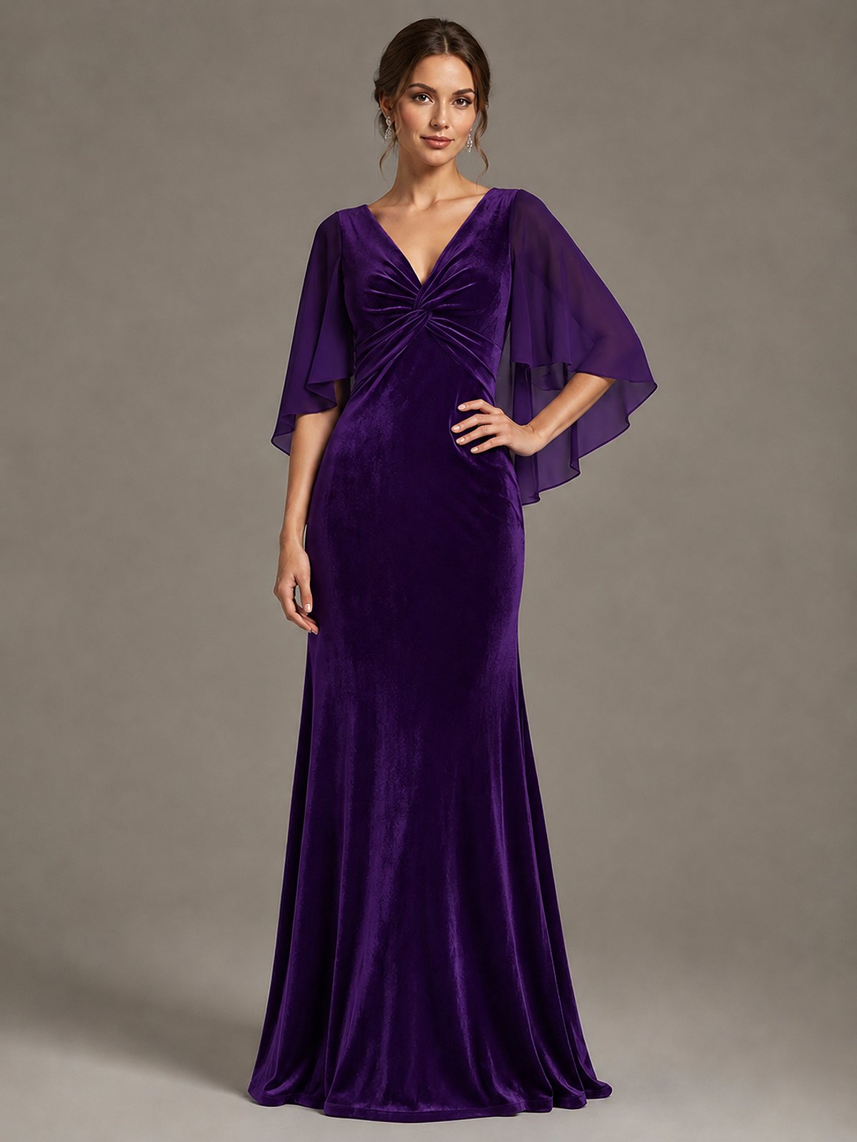 Navy Blue Velvet V Neck Mermaid Formal Dress with Flutter Cape Sleeves