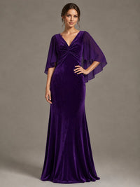 Navy Blue Velvet V Neck Mermaid Formal Dress with Flutter Cape Sleeves