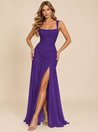 Wrap Pleated Prom Dress Scoop Neck with Slit Women Wedding Formal Dress