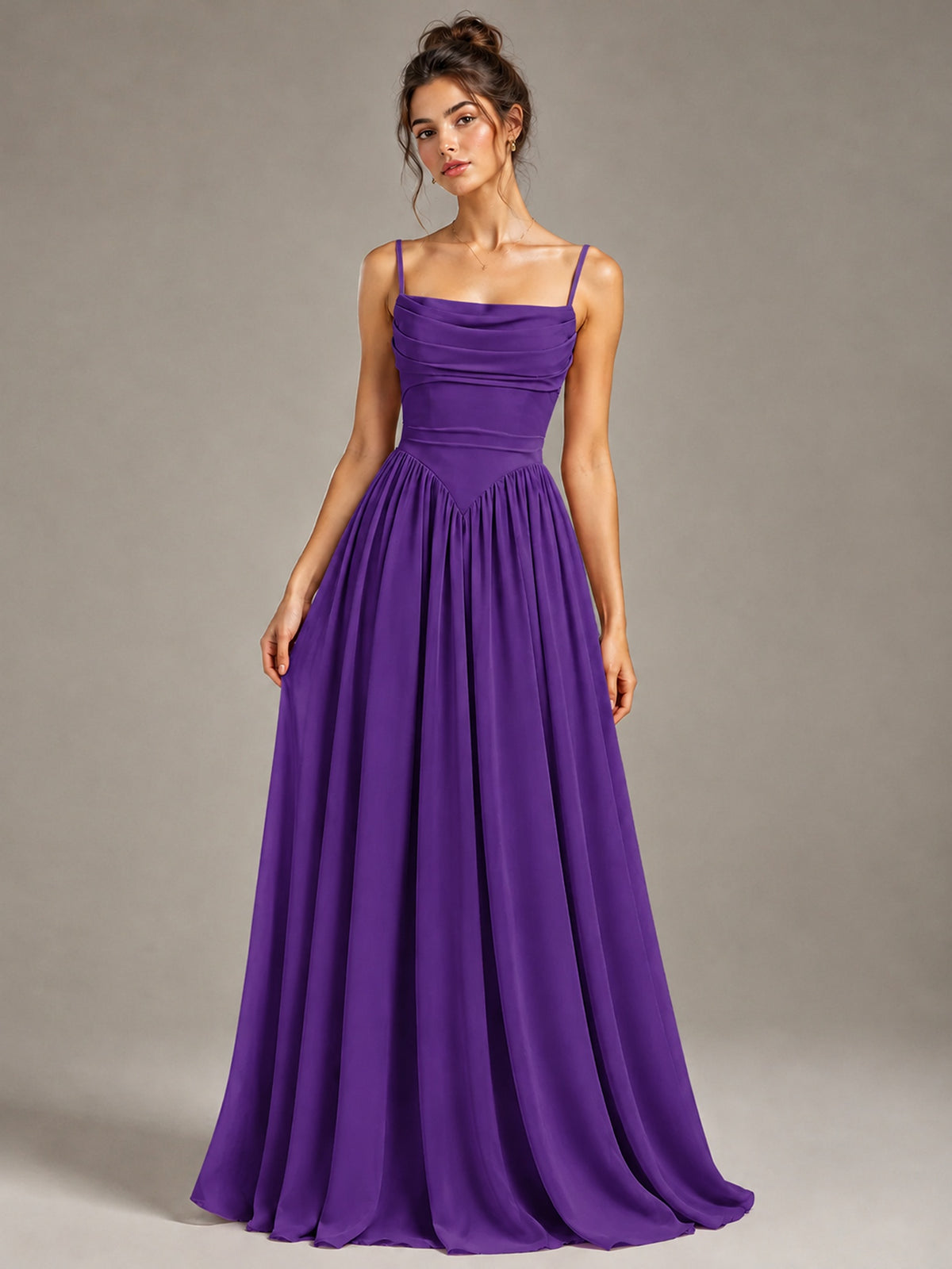 Spaghetti Strap Ruched Chiffon Maxi Dress with Backless