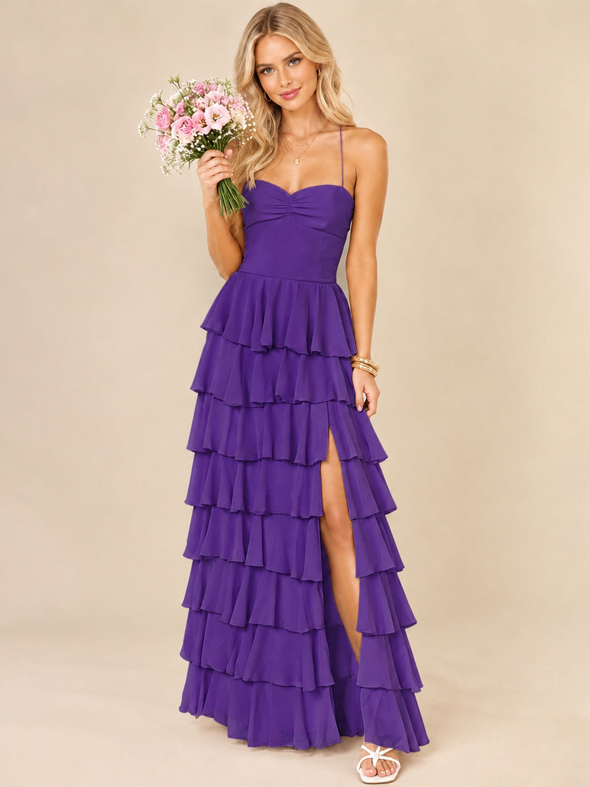 Ruffled Tiered Chiffon Prom Dress Spaghetti Straps Formal Maxi Dress with Slit