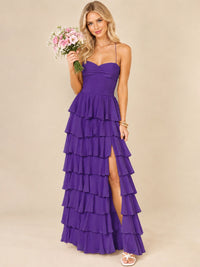 Ruffled Tiered Chiffon Prom Dress Spaghetti Straps Formal Maxi Dress with Slit