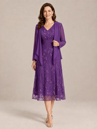 Purple-2 Piece Lace Appliques Chiffon Mother of The Bride Dress with Sequin