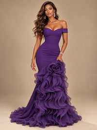 Dusty Blue Off-the-Shoulder Mermaid Prom Dress with 3D Rose & Ruffles