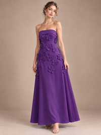 Purple Strapless 3D Floral Appliques Maxi Dress