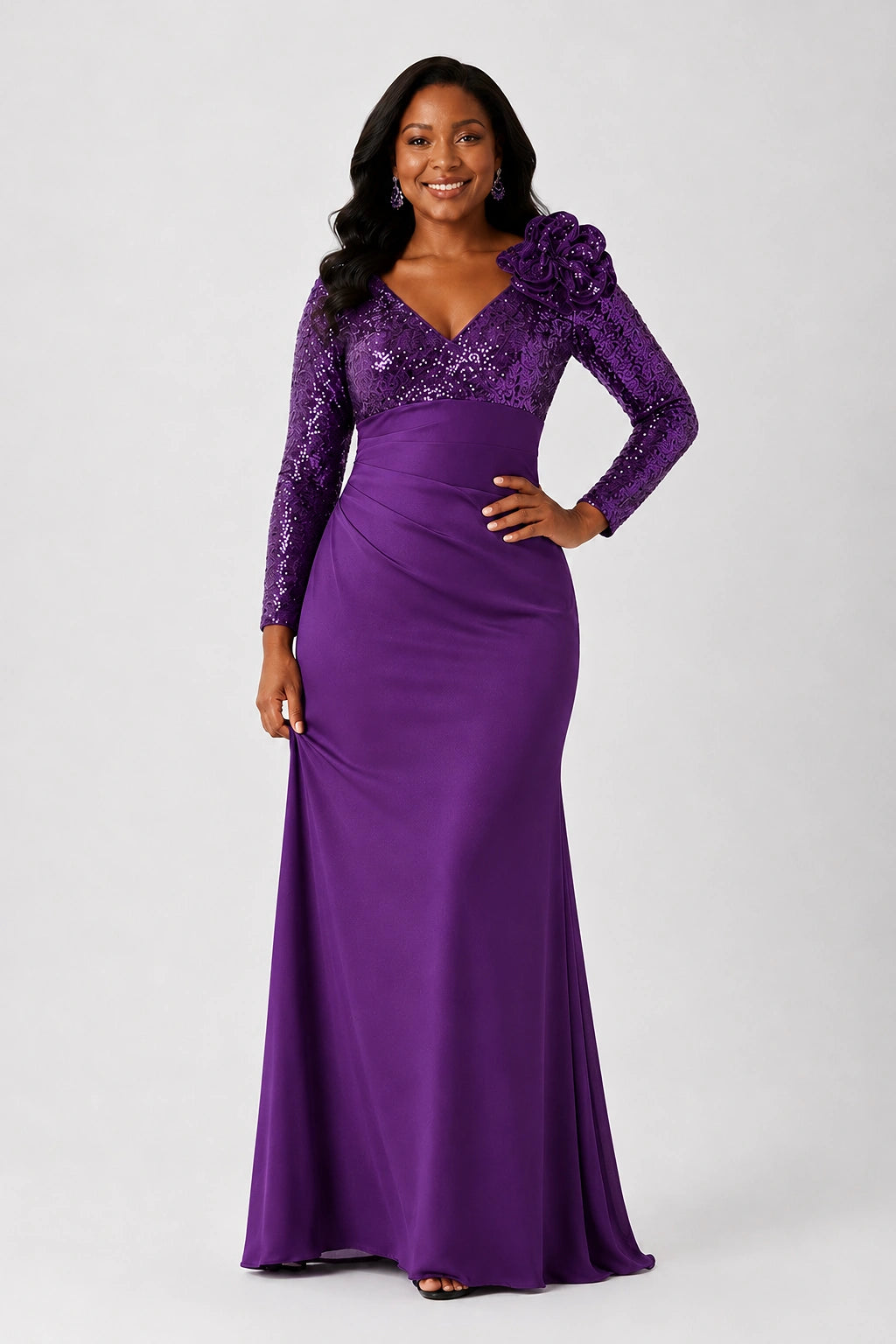 Sequin Mother of the Bride Dress with Long Sleeves 3D Floral V-Neck Gown