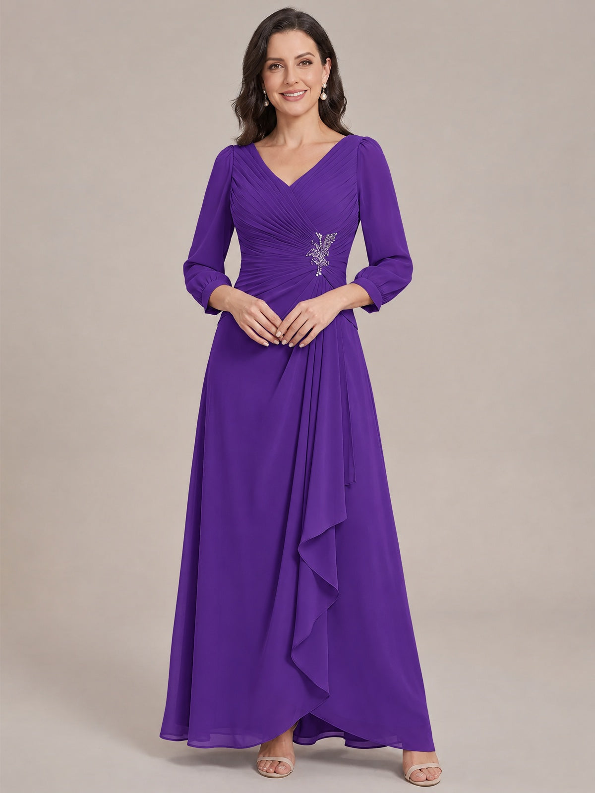 Purple-Long Sleeve Chiffon Beaded Mother of The Bride Dresses for Women