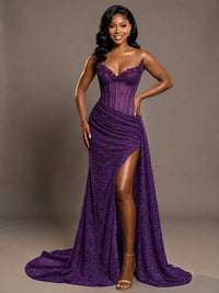 Purple Strapless Sequin Corset Mermaid Prom Dress with High Slit & Train Sparkly Evening Formal Gown