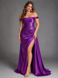 Off Shoulder Satin Maxi Dress with Slit