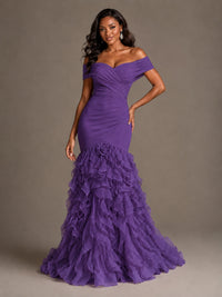 Pink Off-the-Shoulder Mermaid Prom Dress with Ruffles 3D Flowers