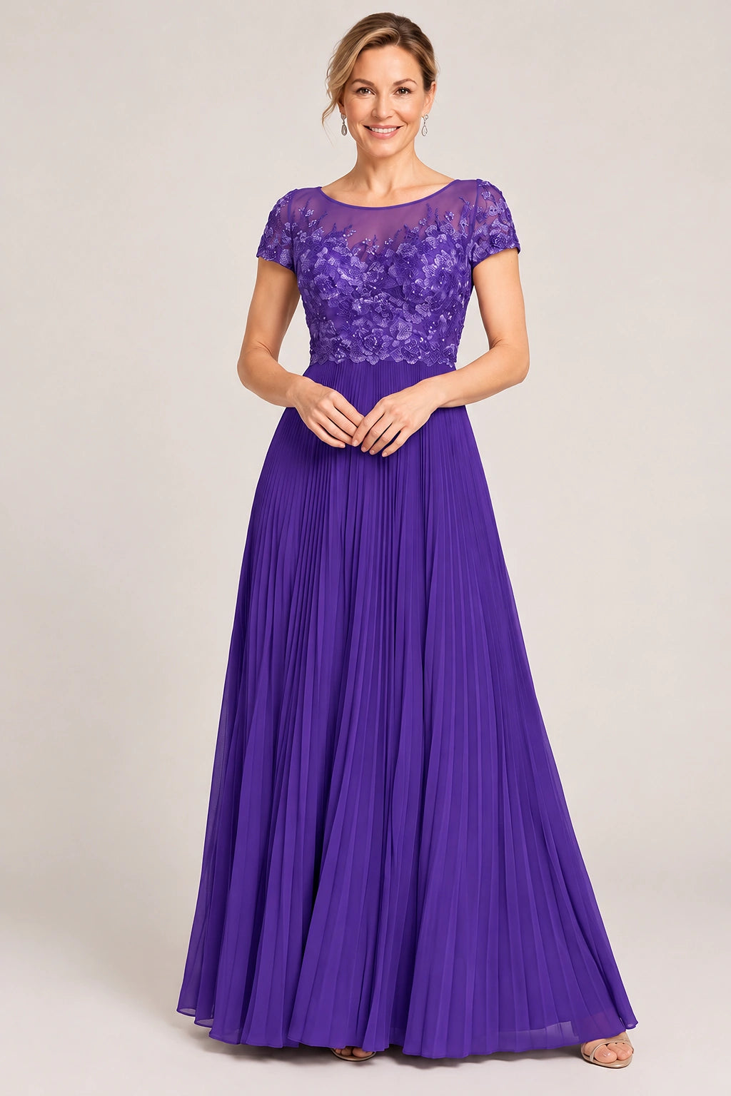 Embroidered Lace Pleated Mother of the Bride Dress