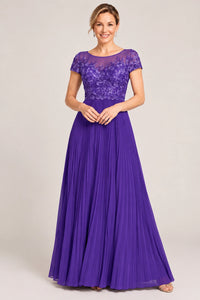 Embroidered Lace Pleated Mother of the Bride Dress