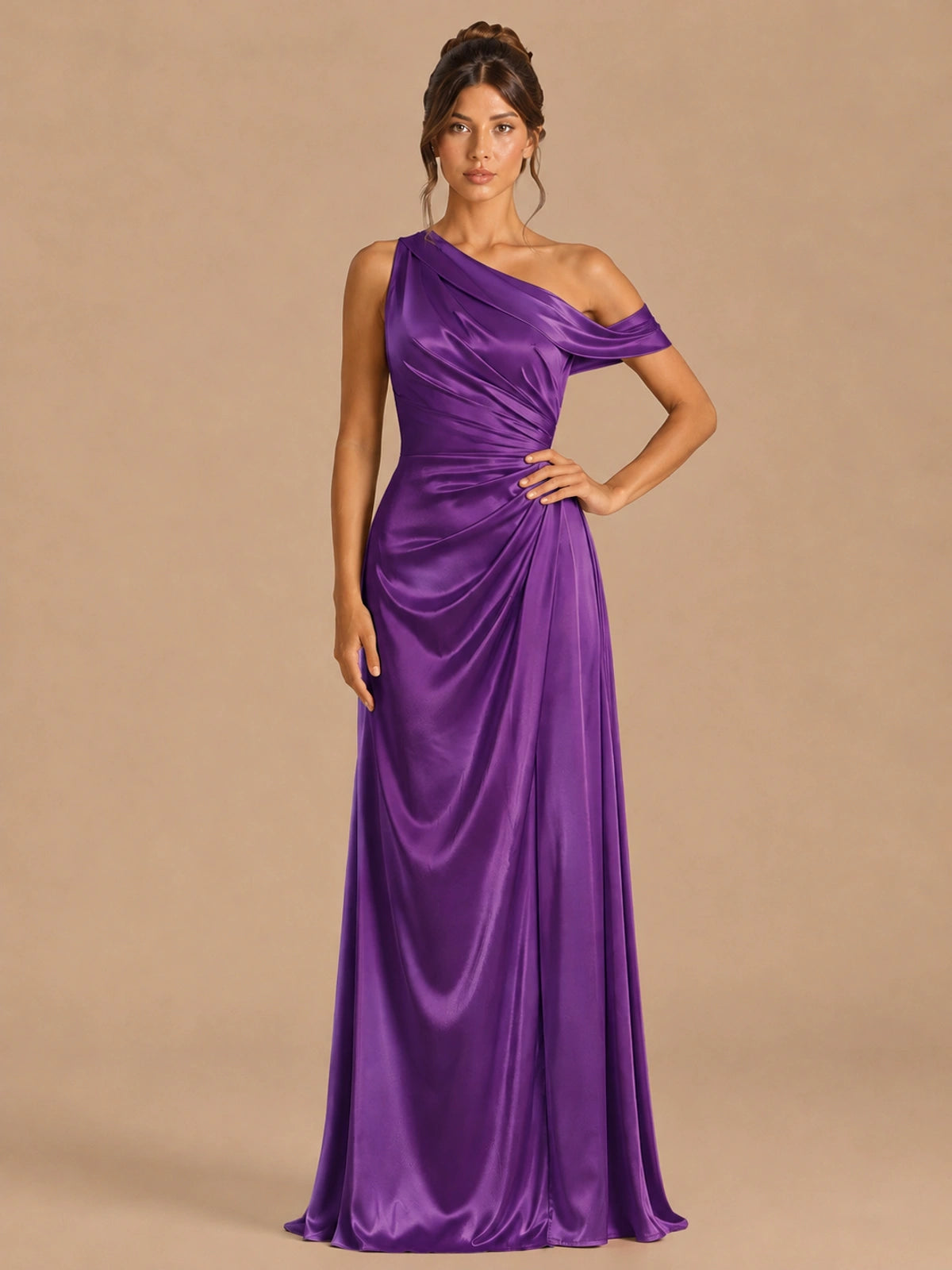 Purple-satin one shoulder prom dress ruched long formal gow Jovelle