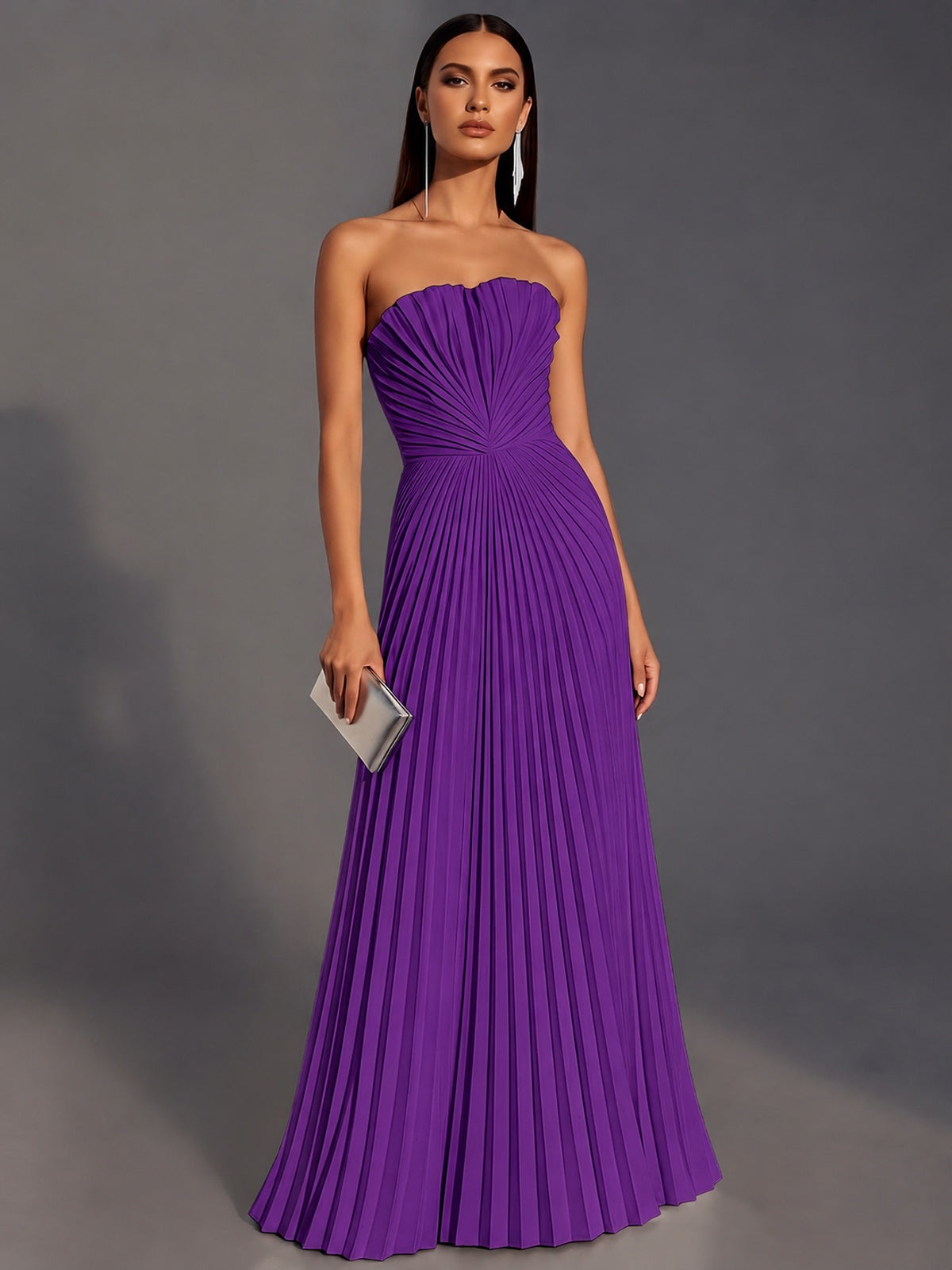 Purple Strapless Pleated Satin Prom Dress Long Formal Gown Evening Dress
