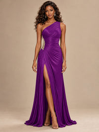 Burgundy One Shoulder Ruched Prom Dress with High Slit & Beaded Waist