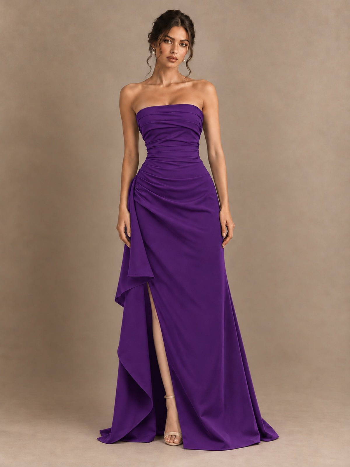 Black and White Strapless Ruched Prom Dress with High Slit & Side Drape