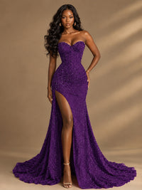Beaded Sequin Prom Dress Strapless Formal Gowns with High Slit Train