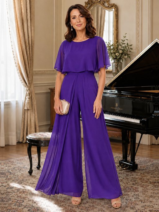 Chiffon Mother of the Bride Jumpsuit with Layered Cape Sleeves