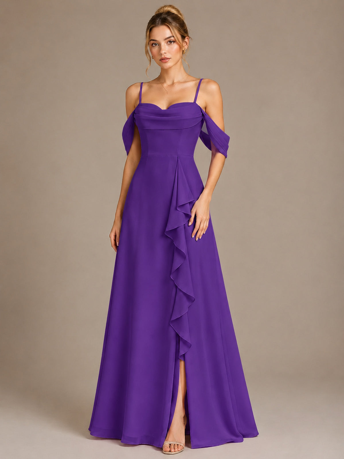 Spaghetti Strap Chiffon Bridesmaid Dress with Ruffles Slit