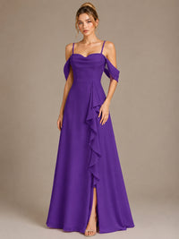 Spaghetti Strap Chiffon Bridesmaid Dress with Ruffles Slit