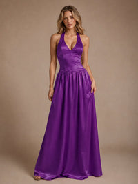 Pink V Neck Halter Satin Maxi Dress