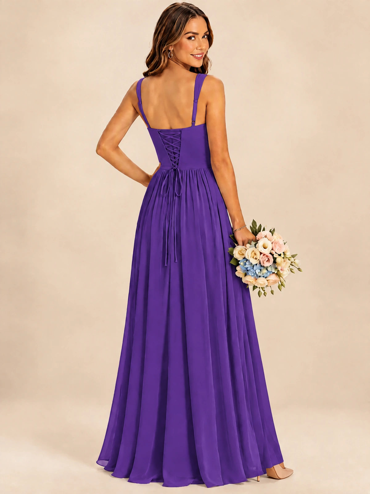 Spaghetti Straps Pleated Chiffon Bridesmaid Dress with Ruffle Slit