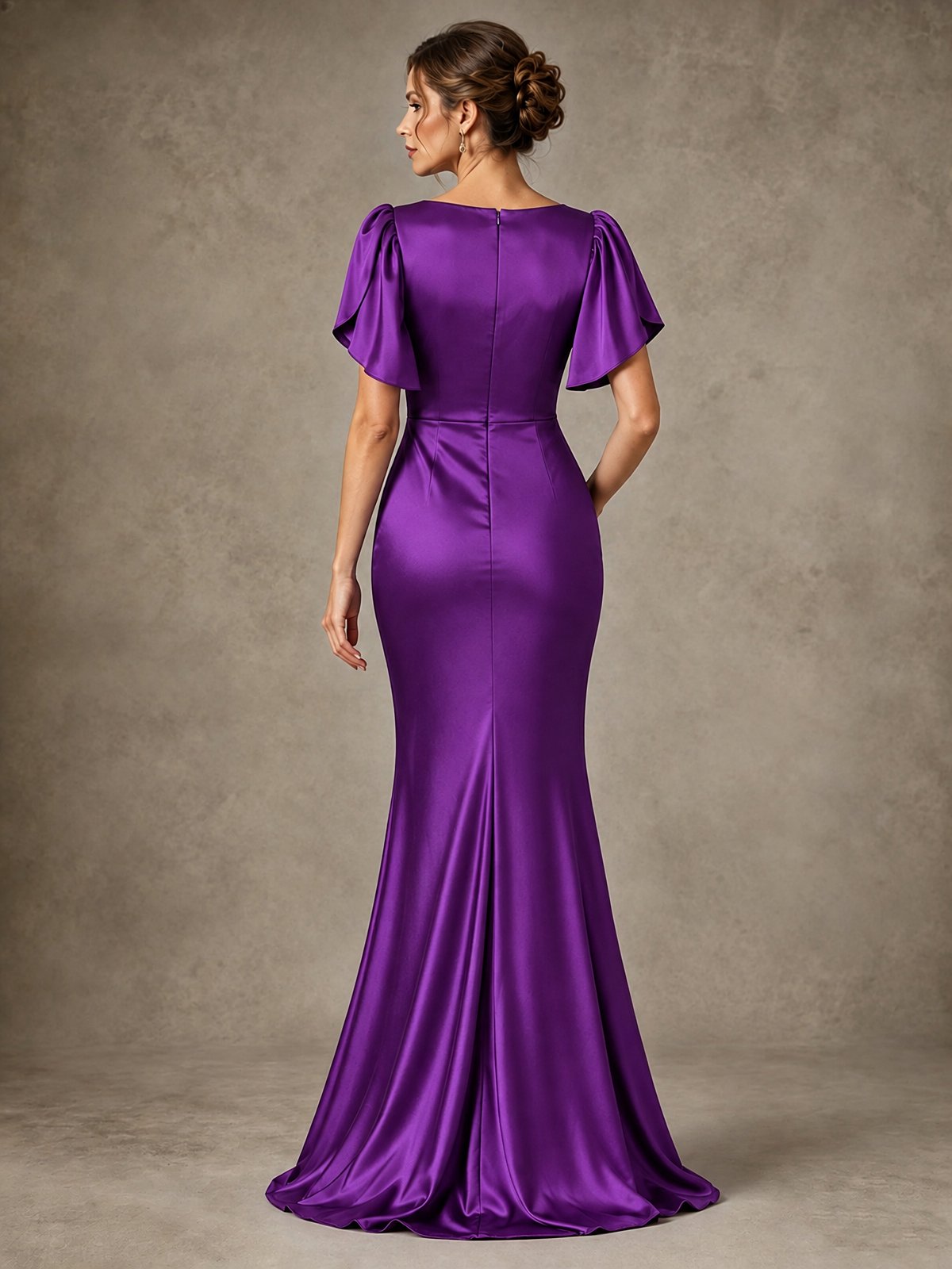 V-Neck Satin Mother of the Bride Dress with Flutter Sleeves
