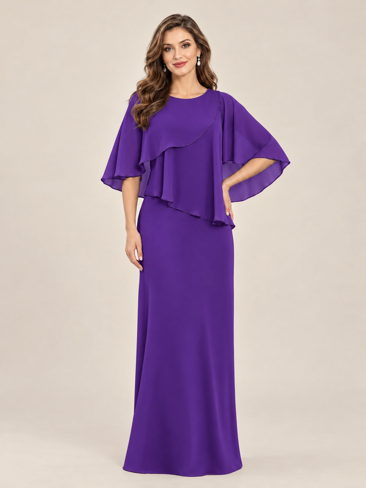 Purple-Chiffon 2 Piece A Line Mother of The Bride Dresses with Cape