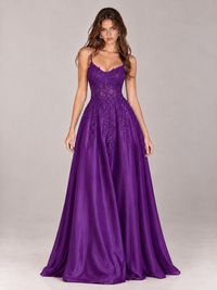 Lace Applique Satin A-Line Prom Dress with Sheer Bodice