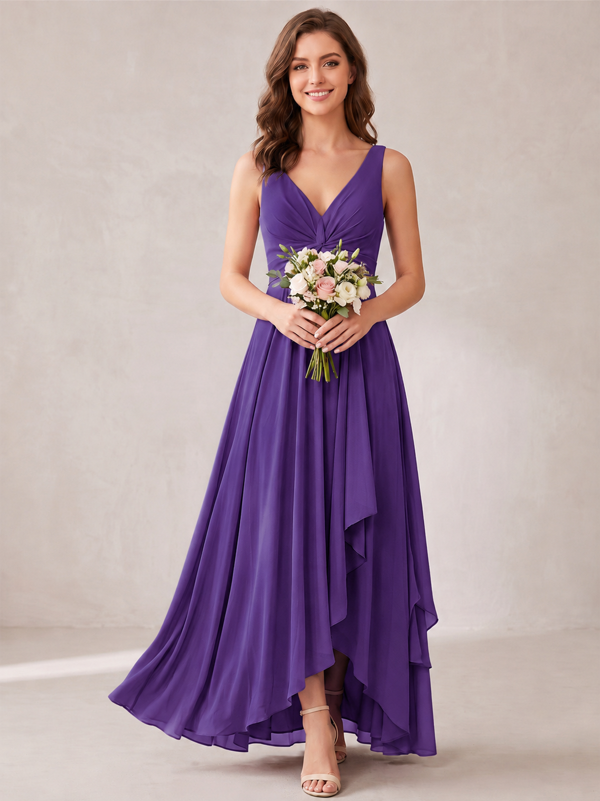 V-Neck High-Low Chiffon Bridesmaid Dress with Ruffles