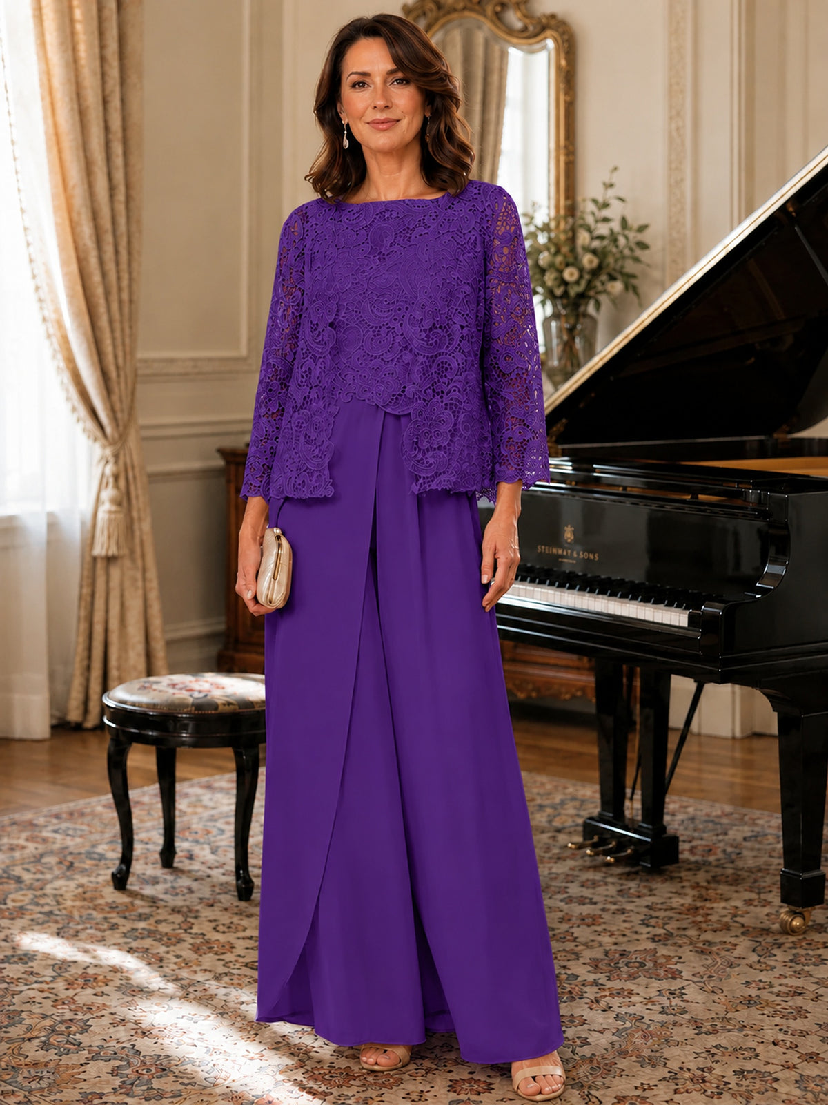 Elegant 3-Piece Chiffon Mother of the Bride Pantsuit with Floral Applique Jacket
