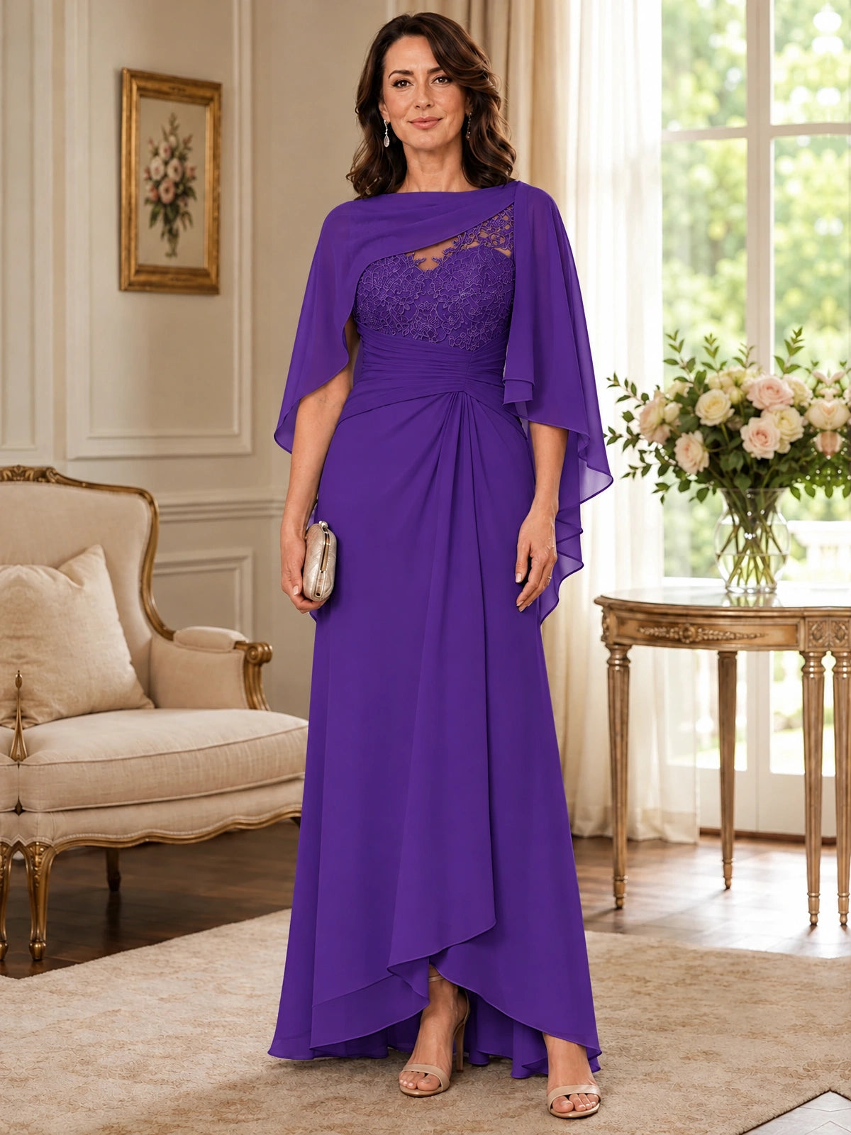 Elegant Chiffon Mother of the Bride Dress with Lace Applique and Cape Sleeves