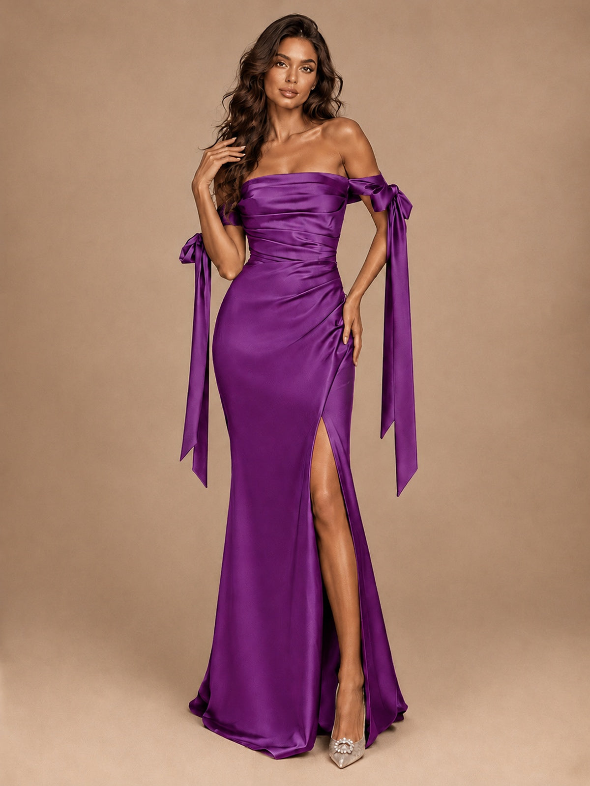 Off The Shuolder Satin Prom Dress Slit Mermaid Formal Gowns