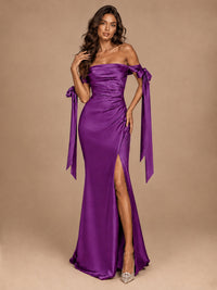 Off The Shuolder Satin Prom Dress Slit Mermaid Formal Gowns