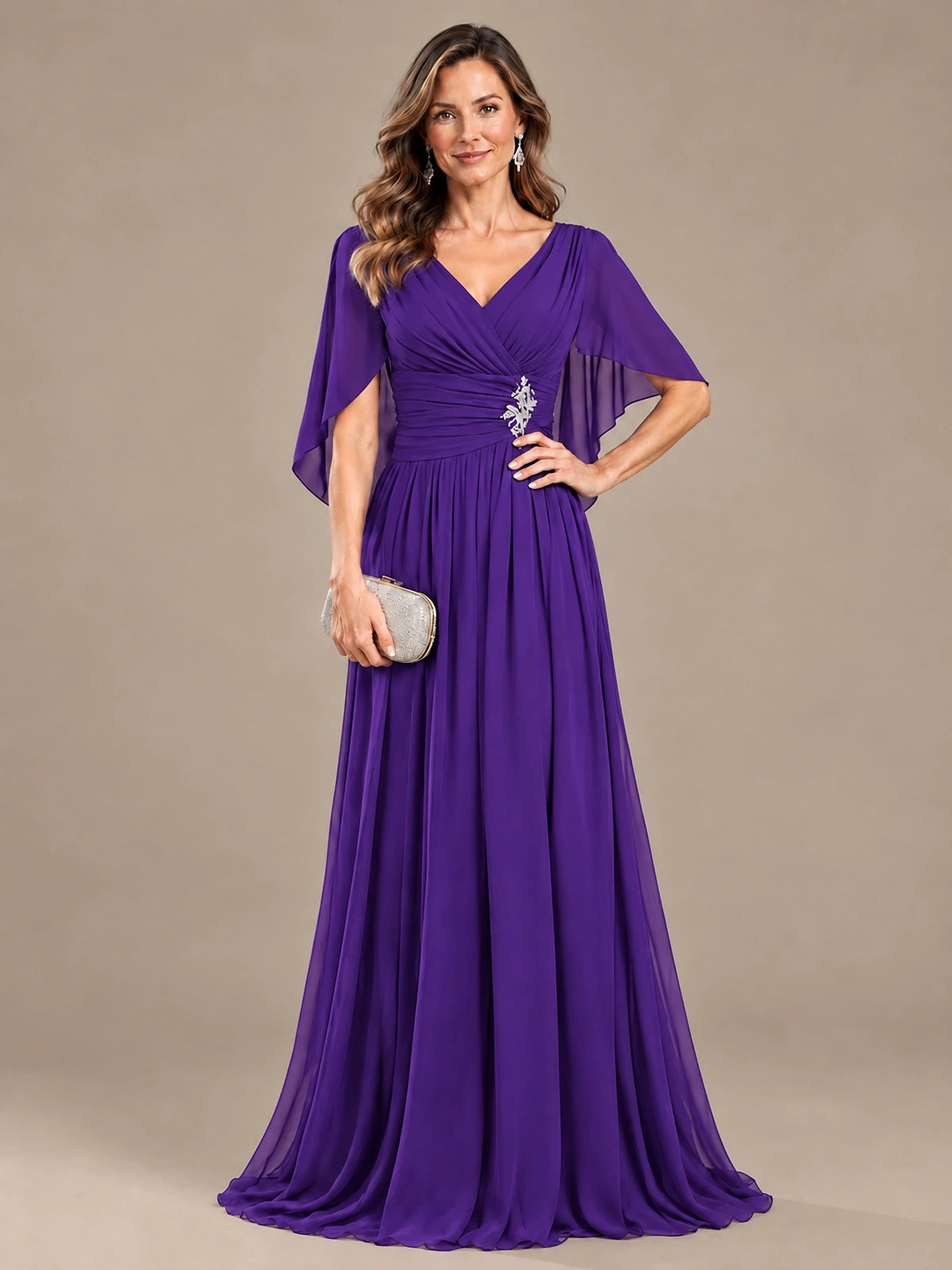 Ruched V Neck Mother of The Bride Dresses with Shawls Appliques and Cap Sleeves