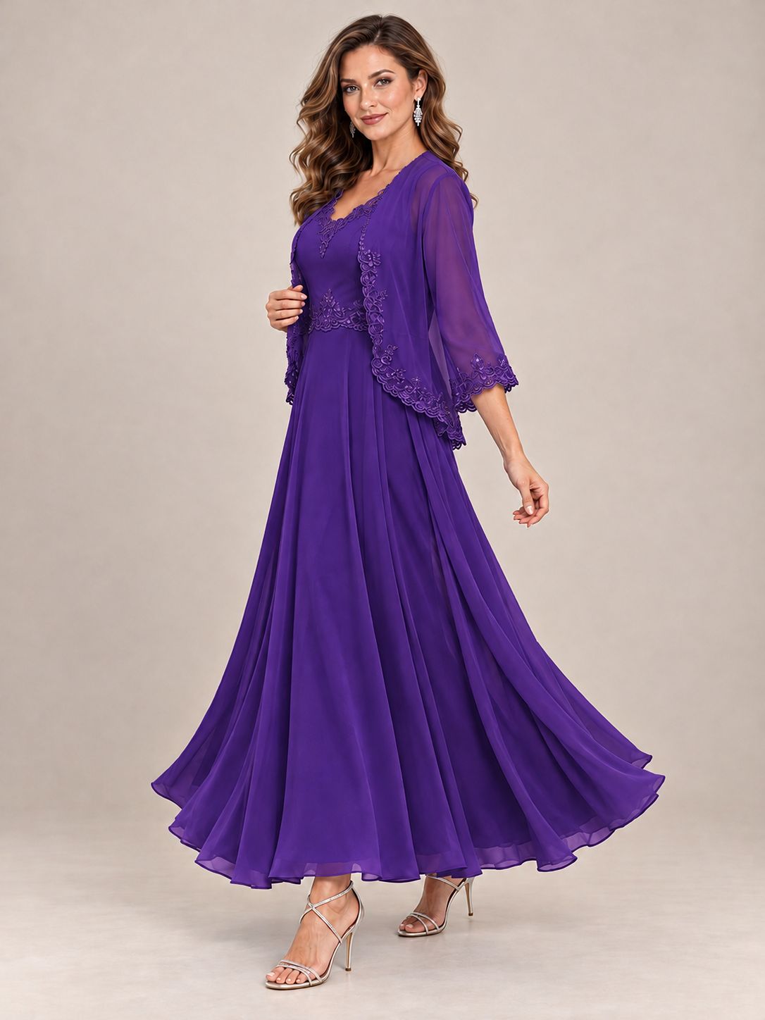 Dusty Blue Floral Lace Chiffon Mother of the Bride Dress with Jacket