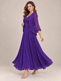 Dusty Blue Floral Lace Chiffon Mother of the Bride Dress with Jacket