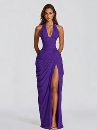 Ruched Halter Neck High-Slit Prom & Evening Dress