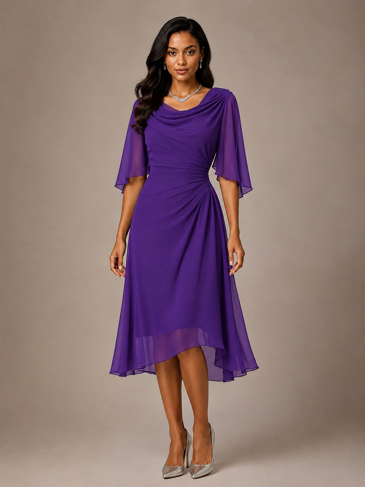 Cowl Neck Ruched Chiffon Mother of the Bride Dresses with Flutter Sleeves