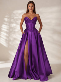 Purple Strapless Corset Satin Prom Dress Long Evening Gown with High Slit
