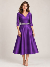 Purple V-Neck Tea-Length Mother of the Bride Dress with Embellished Waist